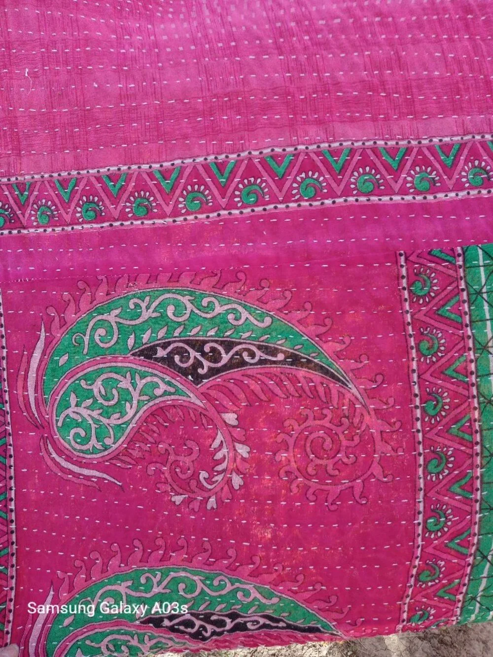 Kantha Quilt Hot Pink Green Premium 3 Layer Cotton Handmade In India K169.